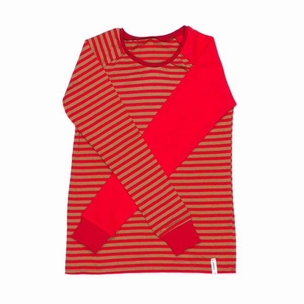 T-Shirt rot-gold Ringel, Upcycling, ein Ärmel rot