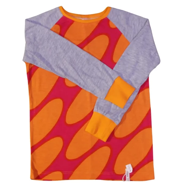 T-Shirt aus upgecyceltem Baumwoll-Jersey, Körper orange pink gemustert, Ärmel grau