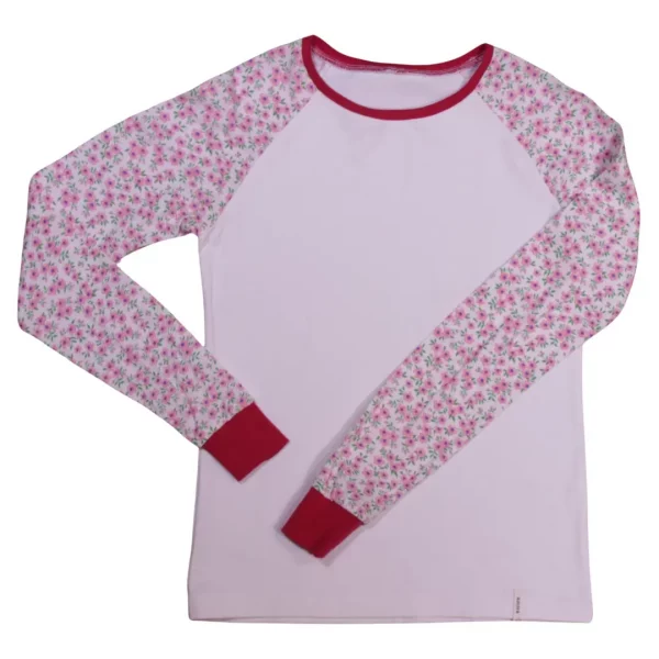T-Shirt aus upgecyceltem Baumwoll-Jersey, Körper weiß, Ärmel rosa geblümt