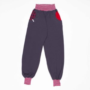 anna * pollack, Piratenhose, xsmall, bio, grau, Bund rot-ringel und Taschen rot