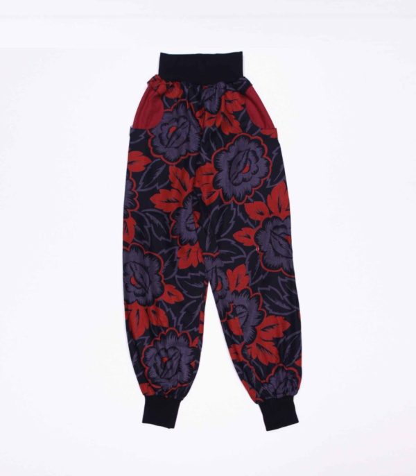 anna * pollack, Piratenhose, xsmall, Blumen rot schwarz grau, Taschen rot, Bund schwarz