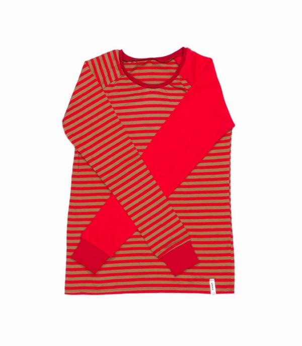 anna * pollack, T-Shirt rot-gold geringelt mit einem rot-gold geringelten und einem roten Ärmel, 152-158, Vorderansicht