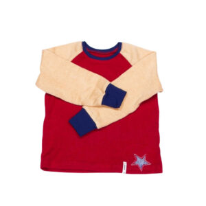anna * pollack, Pulli rot mit einem Stern, Ärmel gelb, 92-98, Vorderansicht