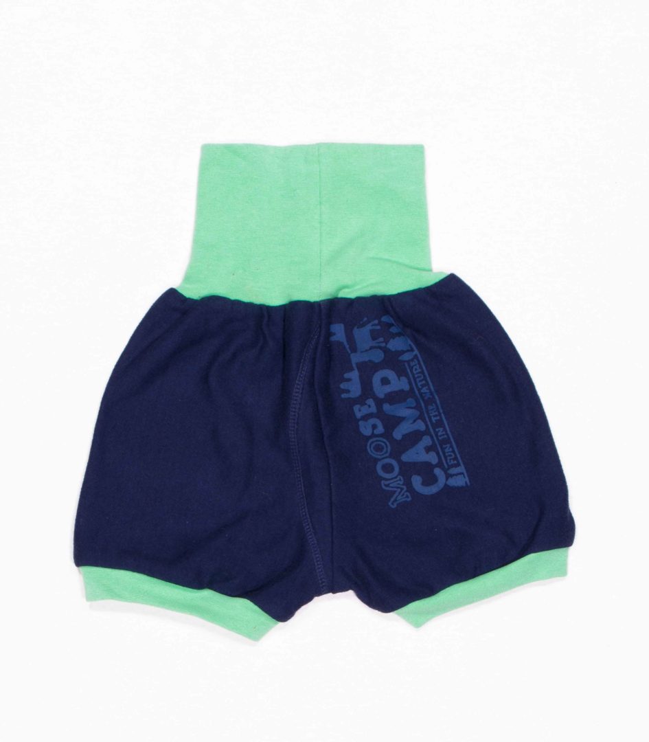 anna * pollack, Shorty Mixed, 56-80, dunkelblauer Stoff mit Print, Rückenansicht, Bund hellgrün