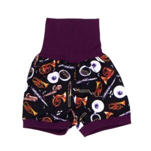 anna * pollack, Shorty Mixed, 56-80, schwarzer Stoff mit Musikinstrumenten, Bund Purpur