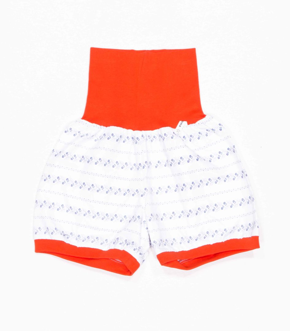 anna * pollack, Dirndlshorty, 110-134, wießer Dirndlstoff, Bund Orange