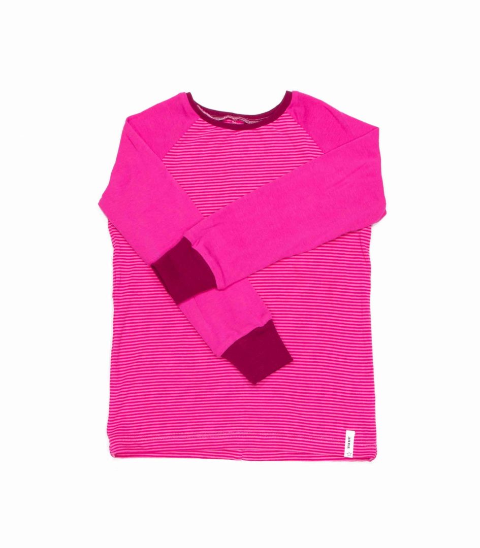 anna * pollack, T-Shirt pink geringelt mit pinken Ärmeln, 116-122, Vorderansicht