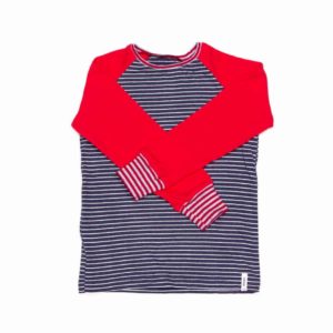 anna * pollack, T-Shirt blau geringelt mit roten Ärmeln, 116-122, Vorderansicht