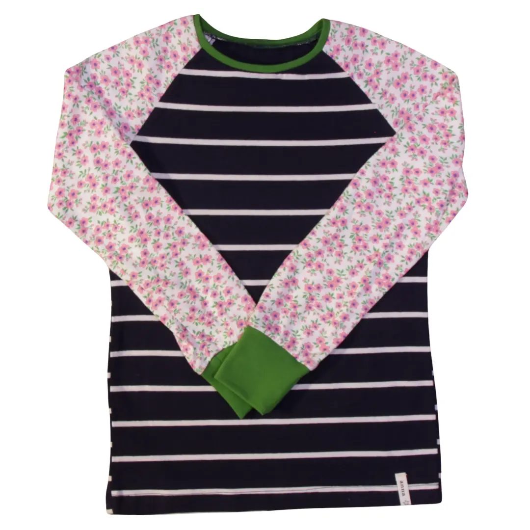 anna * pollack, T-Shirt marine geringelt mit geblümten rosa Ärmeln, 116-122, Vorderansicht