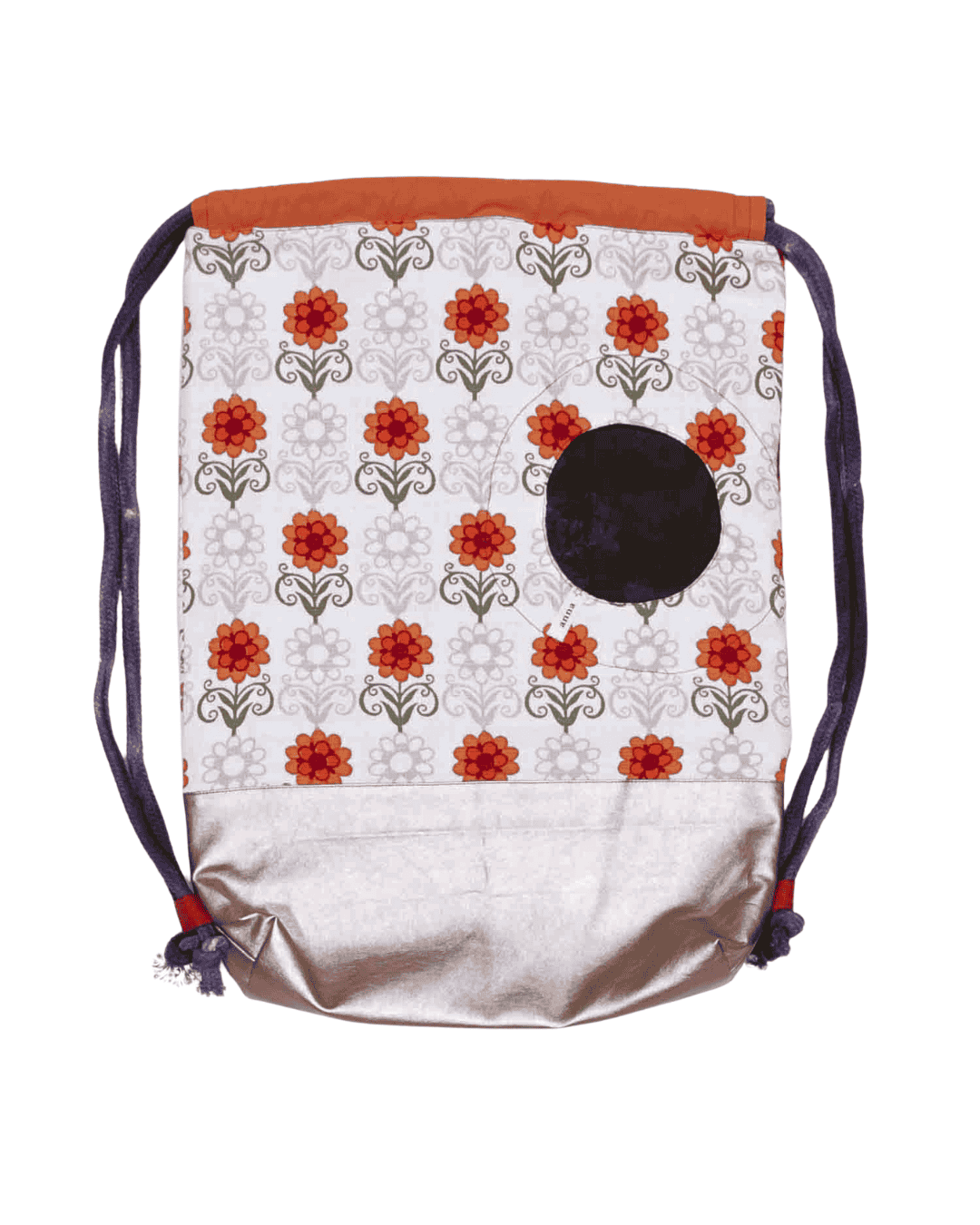 anna * pollack, Beutelbag, Oberteil orange geblümt, Unterteil goldenes Kunstleder, Träger grau, Ansicht flach liegend, Tasche olivgrün