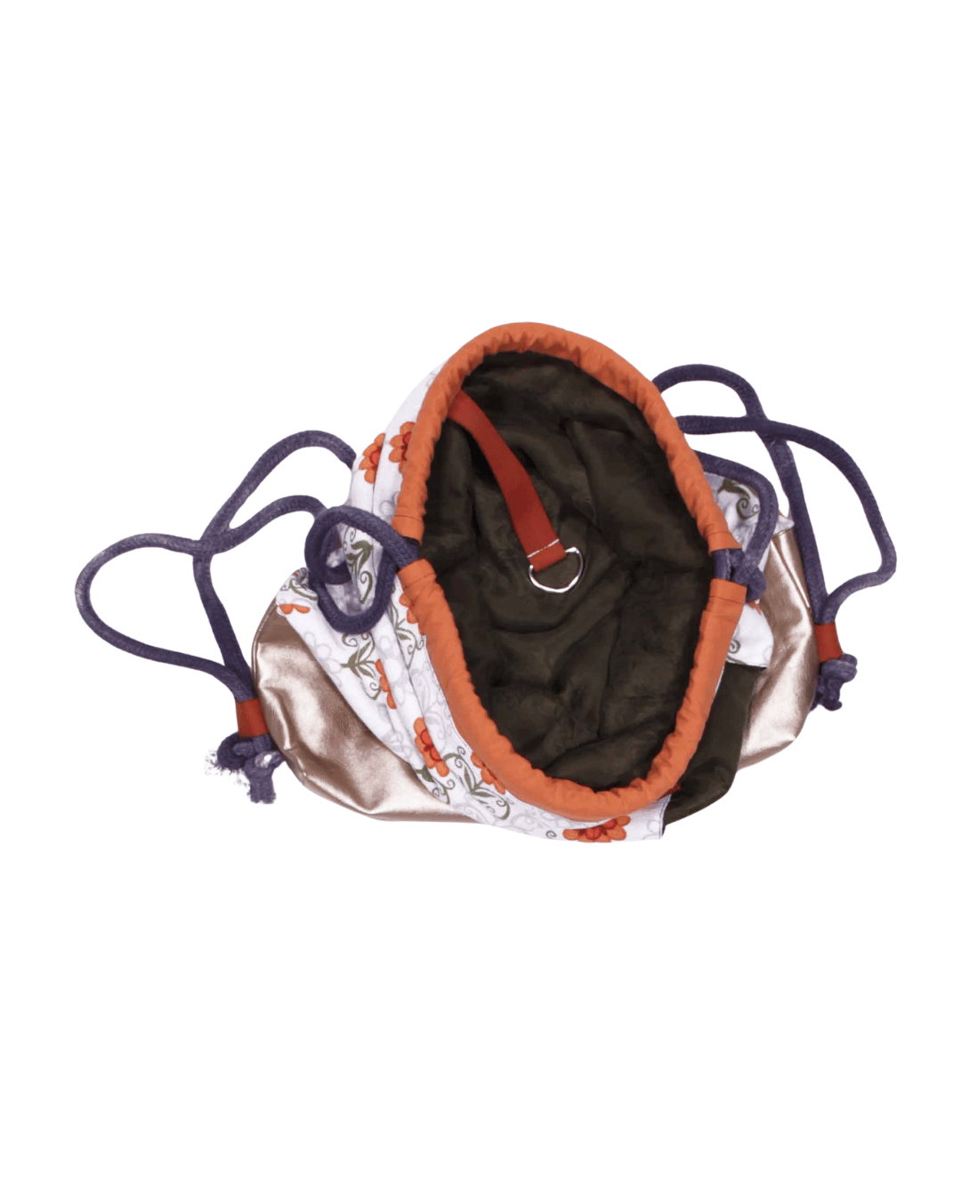 anna * pollack, Beutelbag, Oberteil orange geblümt, Unterteil goldenes Kunstleder, Träger grau, Ansicht von oben, Innenfutter Olivgrün, Tasche olivgrün