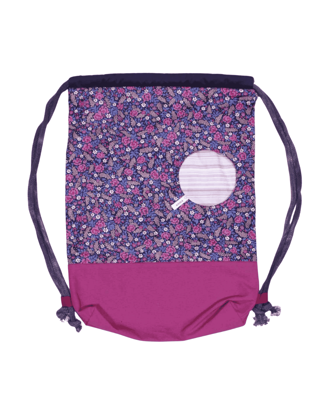 anna * pollack, Beutelbag, Oberteil lila-blaues Millefleurs Muster, Unterteil pinker, robuster Stoff, Innenfuter rosa gestreift Tasche rosa, Träger grau, Ansicht flach liegend