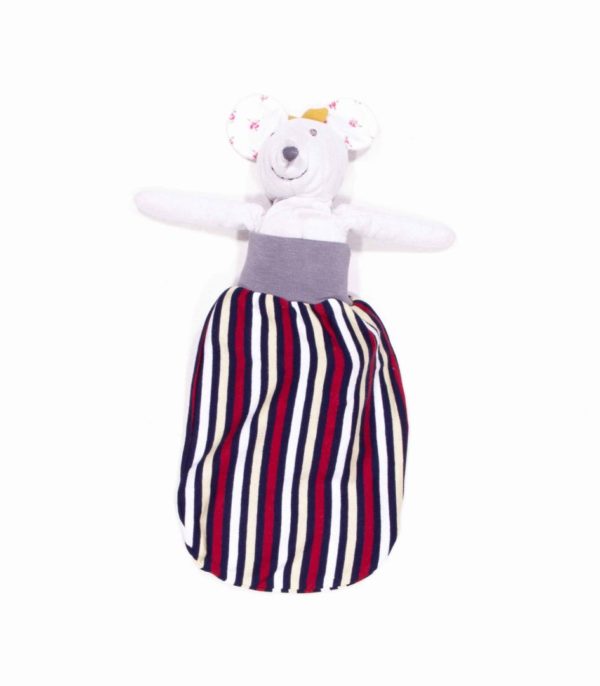 anna * pollack, Stofftier Mausprinzessin mit Puppenschlafsack, blau gestreift