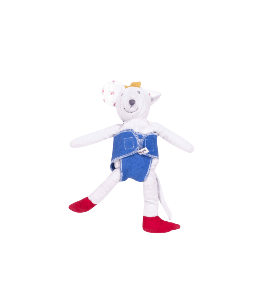 Stoffmaus mit blauer Puppenwindel aus Stoff, Vorderansicht