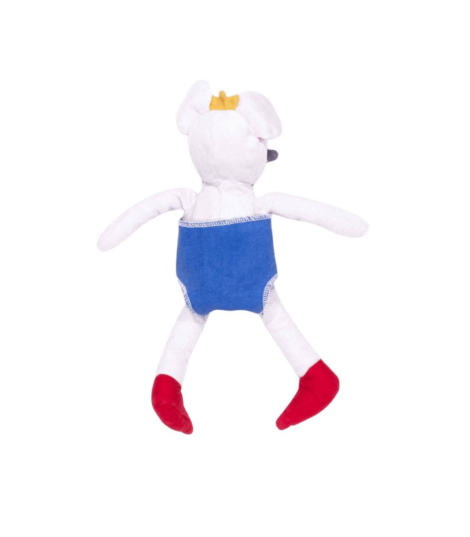 Stoffmaus mit blauer Puppenwindel aus Stoff, Rückenansicht