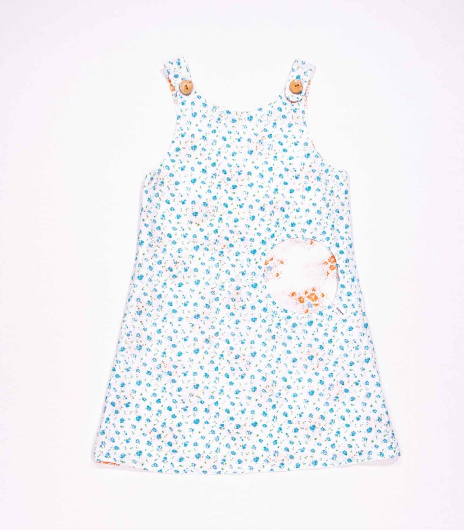 Wendekleid, 110-134, Blümchen orange blau, Vorderseite blau