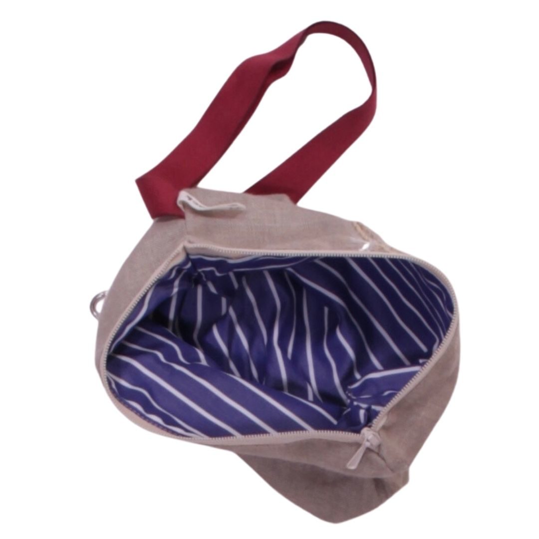 anna * pollack, Täschchen beige mit Bändchen, dunkelblau gestreift gefüttert, mit Zipp und Gurt