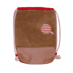 anna * pollack, Beutelbag, Oberteil Teddybär, Unterteil braunes Kunstleder, rot-weiß gestreifte Tasche, Träger cremefarben, Ansicht flach