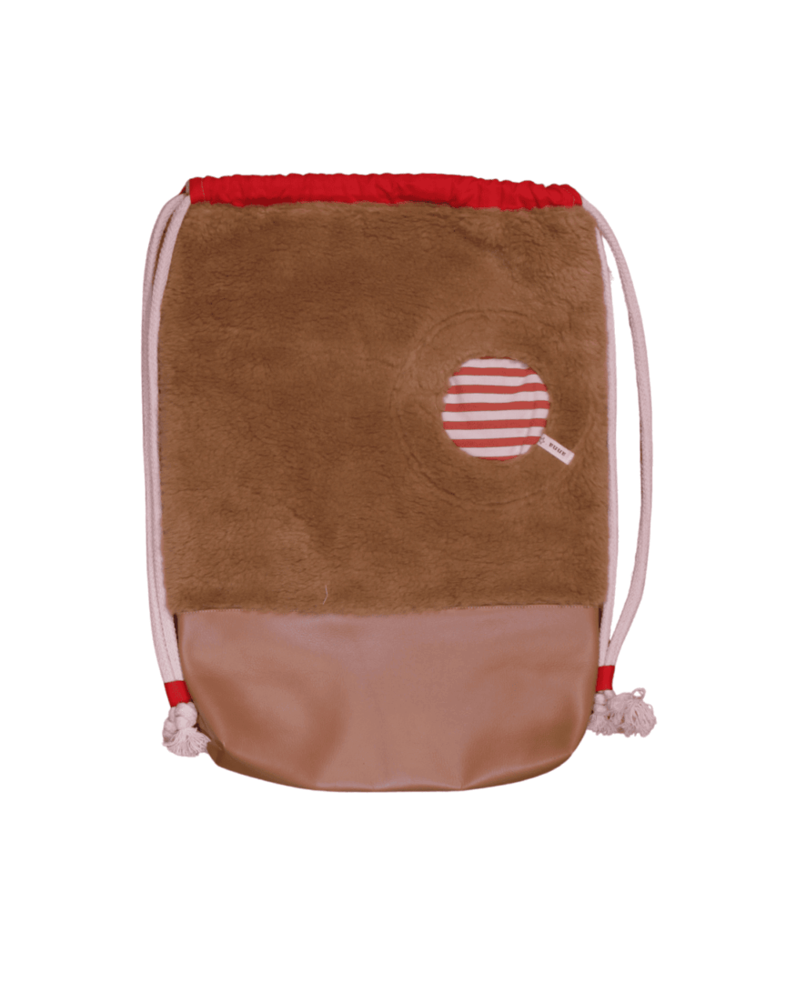 anna * pollack, Beutelbag, Oberteil Teddybär, Unterteil braunes Kunstleder, rot-weiß gestreifte Tasche, Träger cremefarben, Ansicht flach