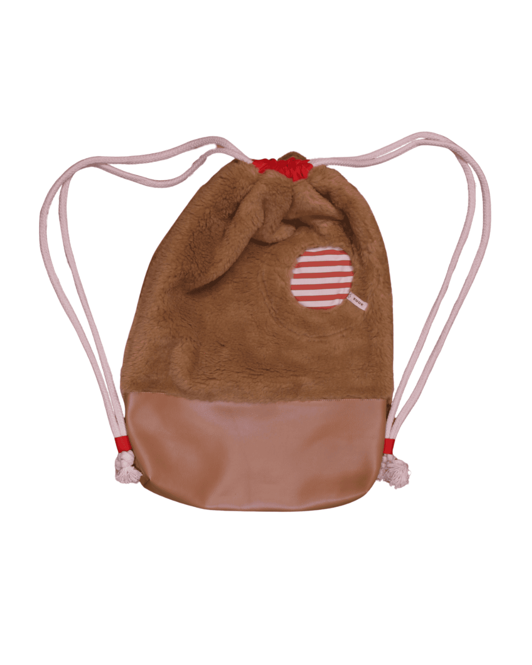 anna * pollack, Beutelbag, Oberteil Teddybär, Unterteil braunes Kunstleder, rot-weiß gestreifte Tasche, Innenfutter braun, Träger cremefarben, Ansicht geschlossen