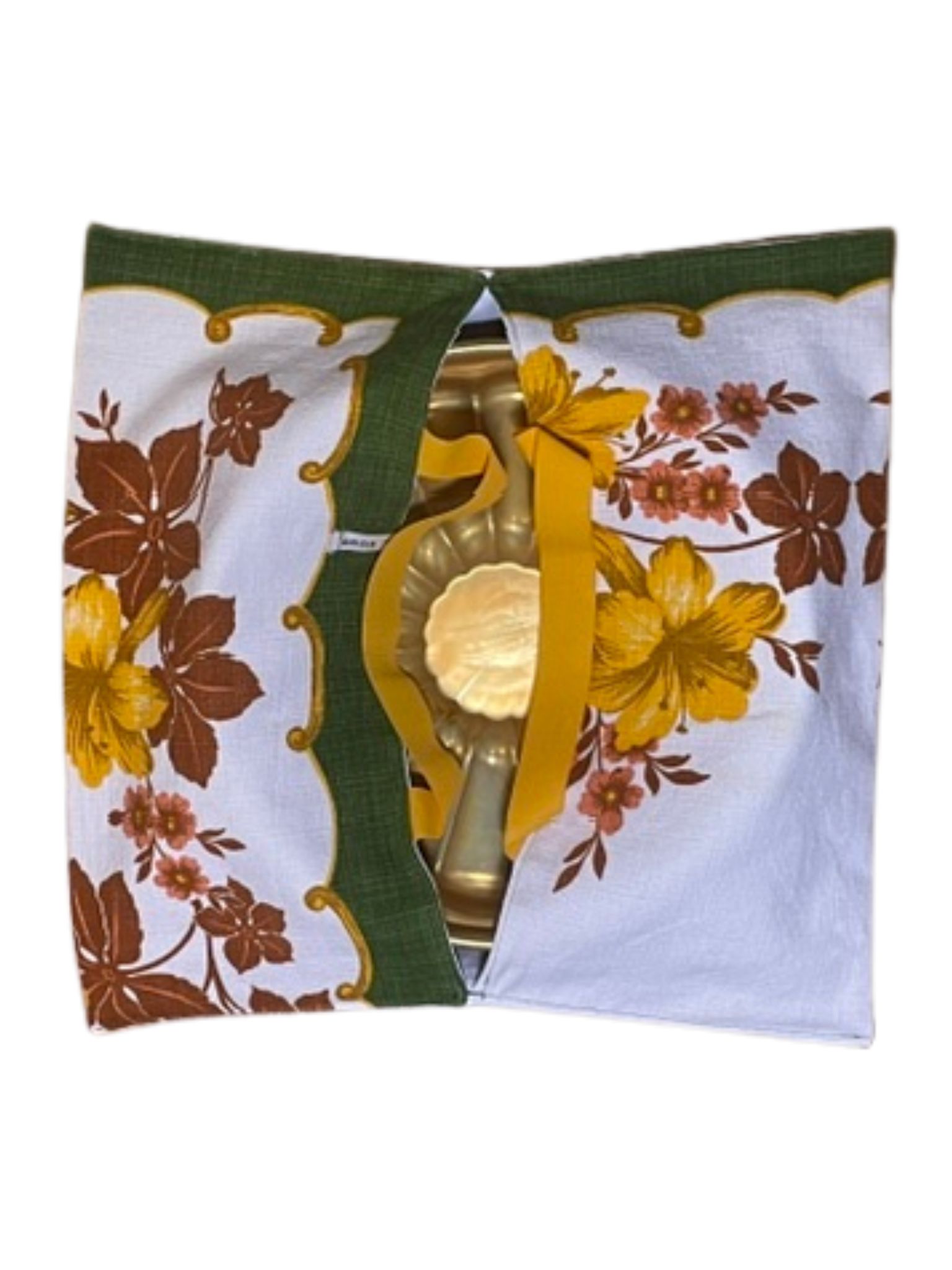 anna * pollack, Cake Boy, Kuchen-, Torte-, Quiche- oder Pizzatragetasche, Baumwolle Blumen gelb und braun, Rand grün, Kuchenform innen