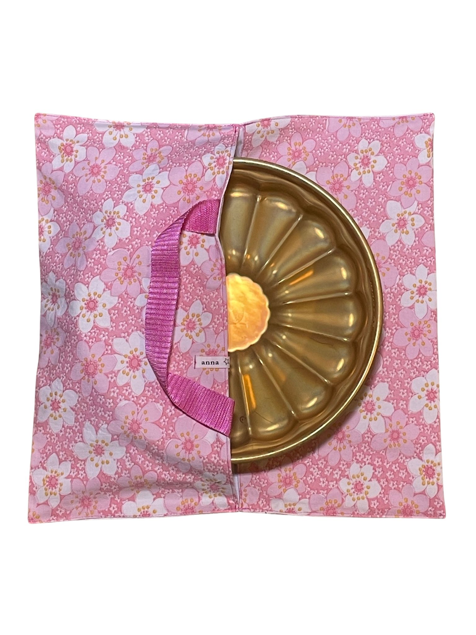 anna * pollack, Cake Boy, Kuchen-, Torte-, Quiche- oder Pizzatragetasche, Baumwolle rosa geblümt, Kuchenform halb sichtbar