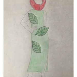 anna * pollack, Maskottchen, Ganzkörpergröße,Skizze, Rosenkostüm, grünes Kleid, 3 grüne Blätter, Kopf in Blütenblättern als Rose