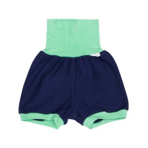 Shorty aus der Kategorie Mixed, 56-80, Upcycling, dunkelblauer Sweat, Rückenansicht, Bund hellgrün